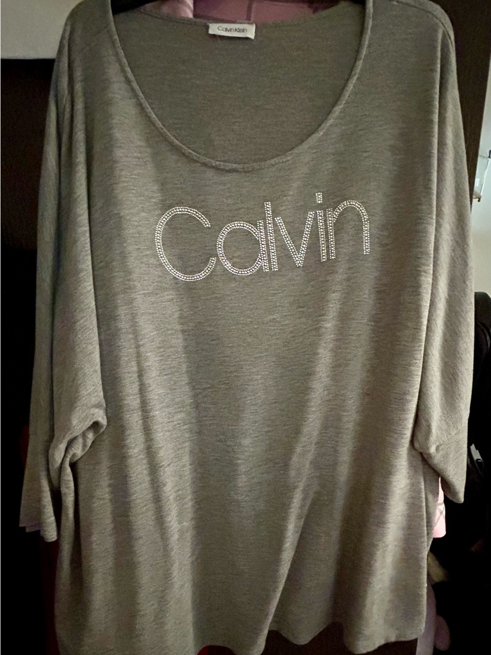 Calvin Klein Light Gray Rhinestone Logo Scoop Neck Pullover